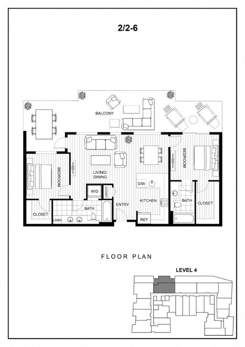 Floor plan for 2 beds, 2 baths, 968 sqft